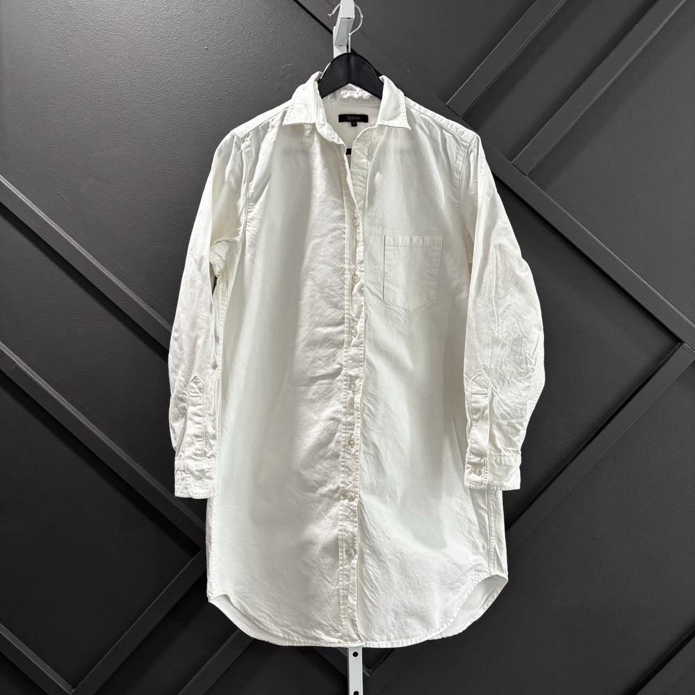 Quince Women's Distressed Denim Shirt Dress Off White Button Front Size S